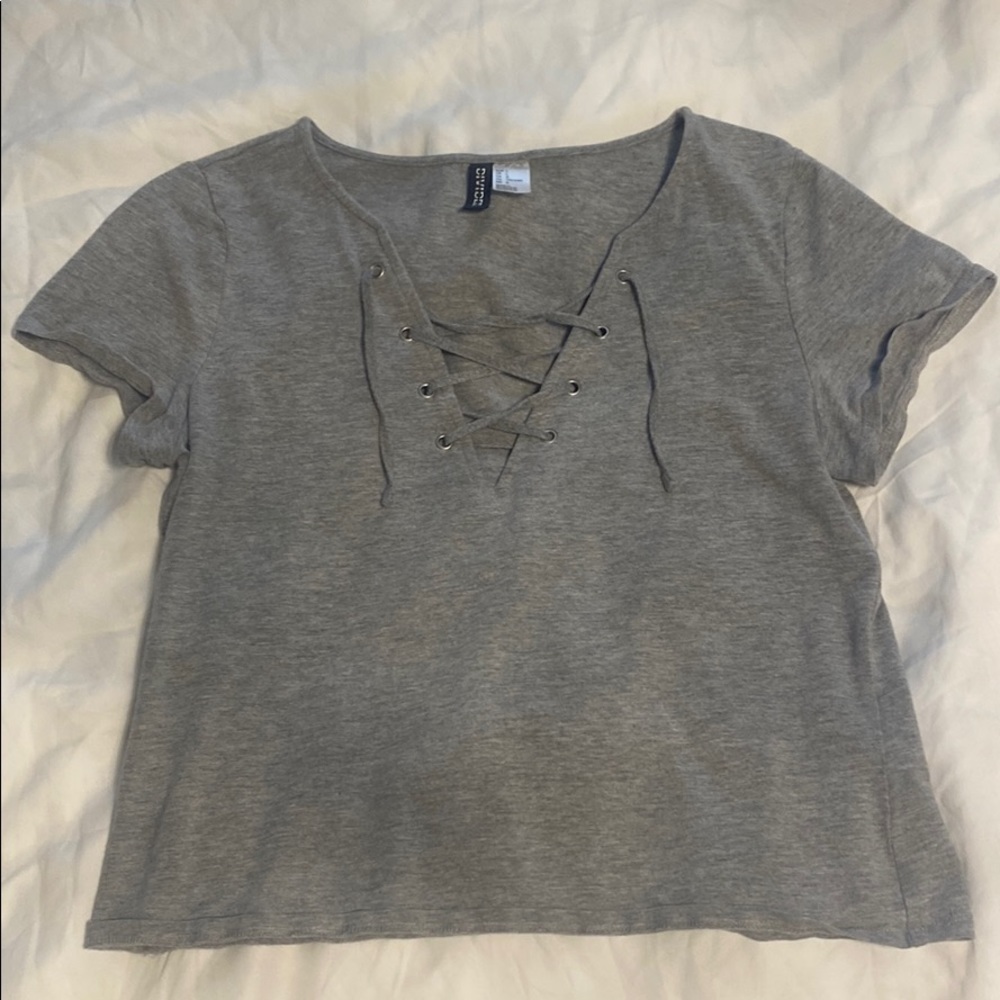 Grey v-neck tie up shirt